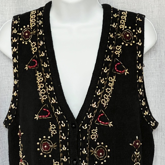 Claudia D Vest Ugly Christmas Sweater Heavily Embellished Gold Beading Black 90s - Picture 5 of 7